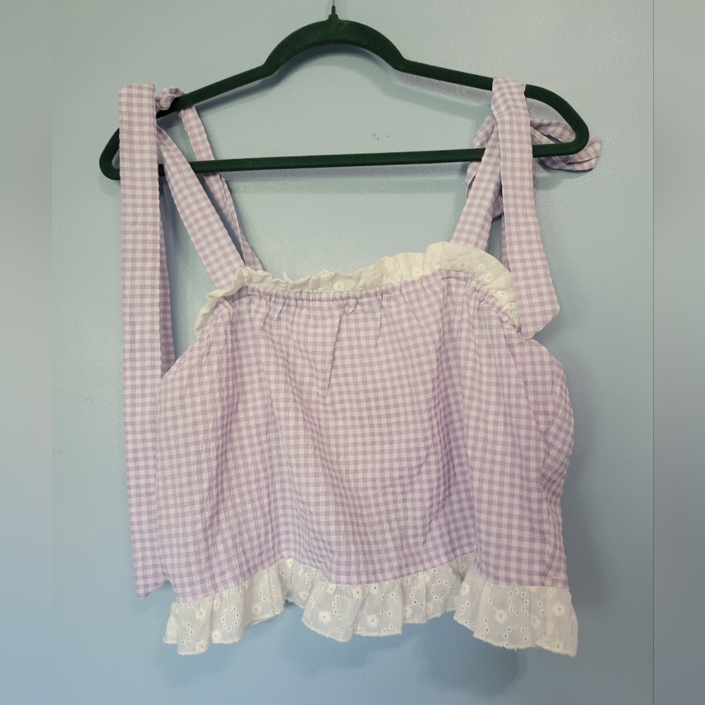 Le Lis Lavender Gingham Top with Lace XS NEW